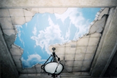 Dinning room ceiling mural. Broken stone ceiling with blue sky.