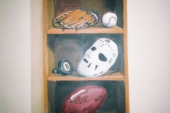 Sports shelf. Boy's room mural, Sports theme.